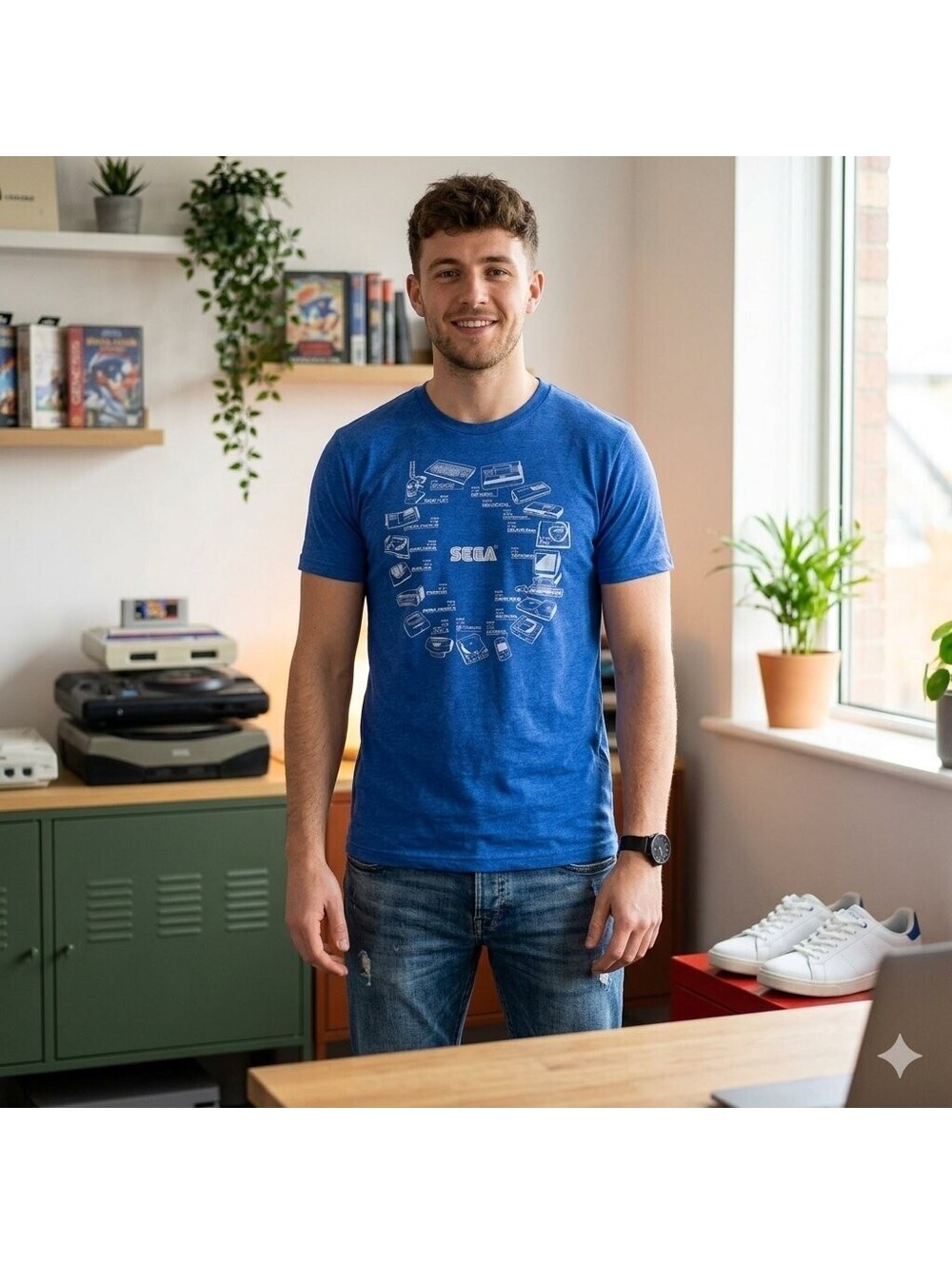 SEGA Console Hardware History Graphic Tee Heather Royal Blue Men's Large